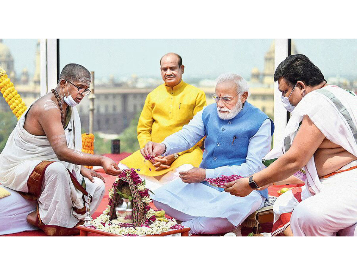 Prime Minister Narendra Modi recently unveiled the Ashoka Pillar, the national emblem, on the top of the upcoming building, and he performed a puja according to Hindu rituals and prayers.